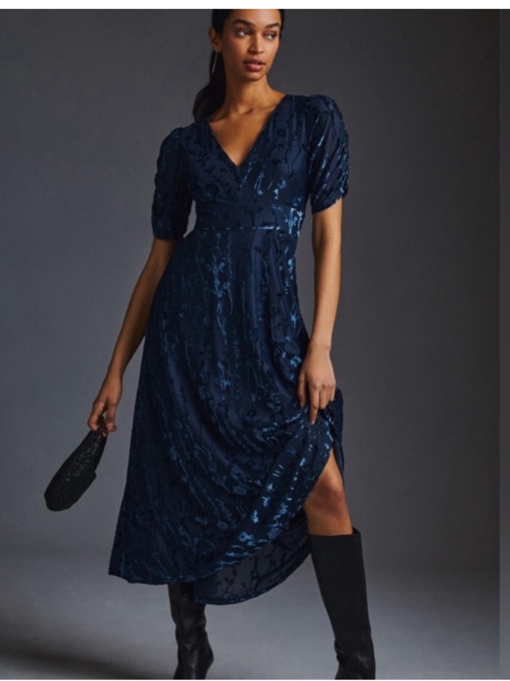 Anthropologie Hutch Puff Sleeve Velvet Navy Blue Floral Dress Sz 4p